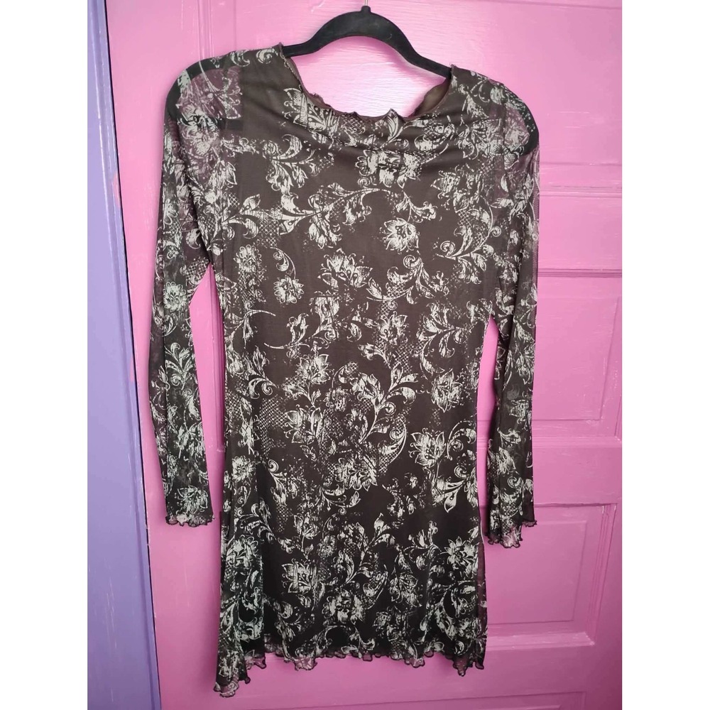 Brown Floral Mesh Whimsigoth Dress with Sheer Bell Sleeves Witchy Fairy Boho S M
